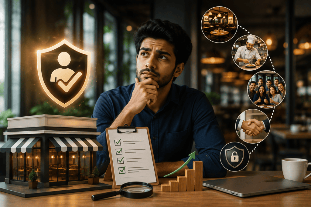 Business owner evaluating a restaurant franchise using trust indicators, quality checks, customer satisfaction, brand reputation, and growth analysis before investing in a franchise business.