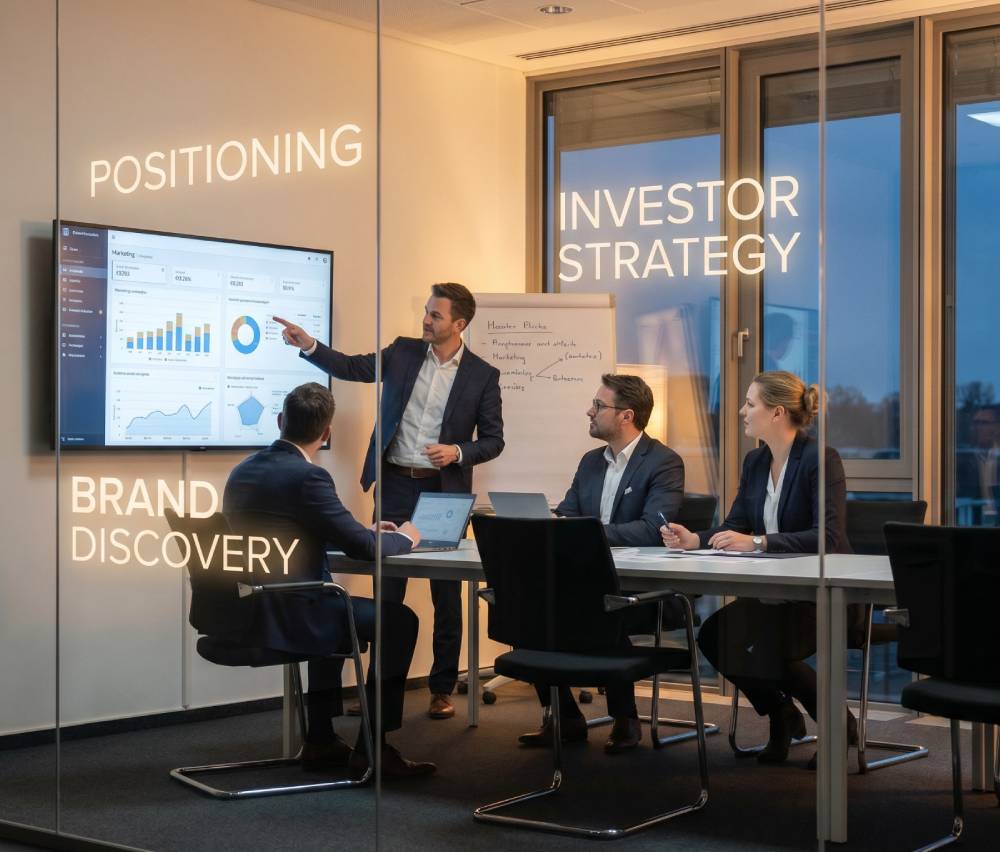 A business consultant stands at the head of a modern glass-walled conference room, pointing to an analytics dashboard on a large display screen during a team meeting with three executives. Glowing text overlays on the glass partitions highlight key strategic focus areas: "POSITIONING" at the top left, "BRAND DISCOVERY" at the bottom left, and "INVESTOR STRATEGY" on the right.