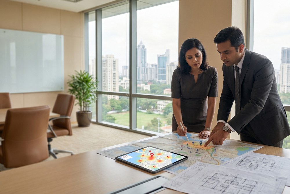A male and a female corporate professional collaborating over a large physical map laid out on a conference table in a sunlit corner office. A tablet next to the map displays a digital heat map with location pins, while blueprint schematics sit nearby, illustrating detailed location planning and market evaluation for retail expansion.