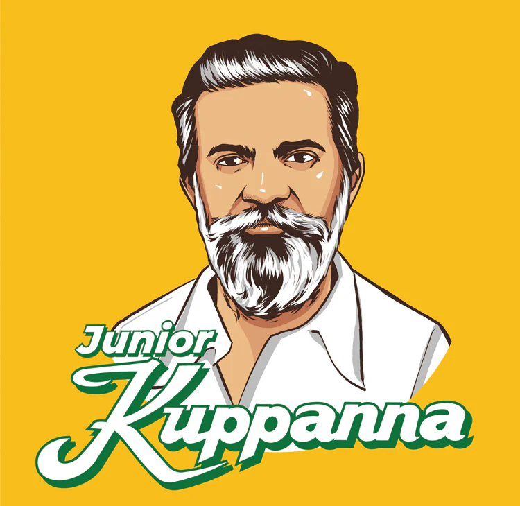 Illustrated portrait logo of a bearded man with “Junior Kuppanna” branding on a yellow background.