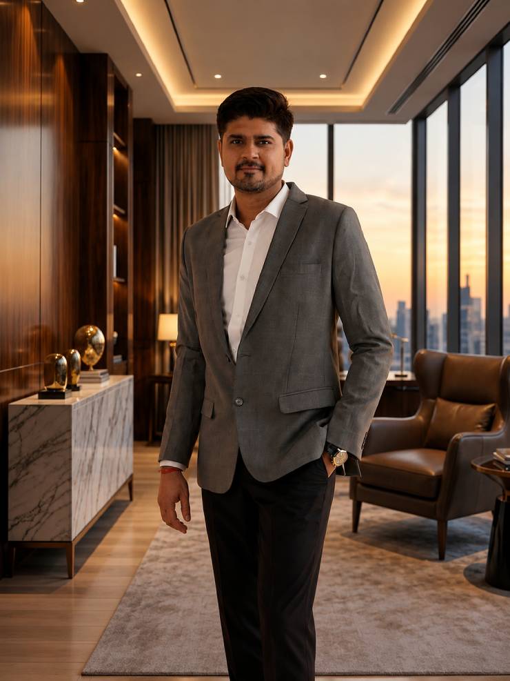 professional corporate portrait of Ronak Patel, founder of CorpCulture. He is standing confidently, looking toward the camera in a luxurious executive office setting. He is dressed in a sharp grey blazer, an open-collared white button-down shirt, and dark trousers. The warm, upscale background features elegant wood-paneled walls, a marble sideboard, a leather armchair, and floor-to-ceiling windows showcasing a city skyline at sunset.