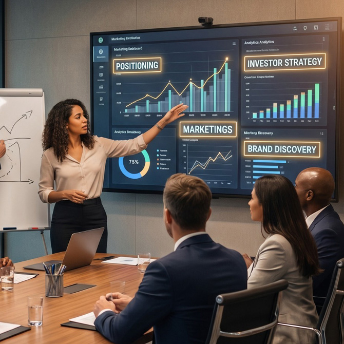 A female business strategist stands at the head of a conference room table, presenting data to a group of seated executives. She is pointing toward a large digital dashboard display behind her. The screen shows rising growth charts and metrics with illuminated boxes highlighting core business pillars: "POSITIONING," "MARKETINGS," "INVESTOR STRATEGY," and "BRAND DISCOVERY."
