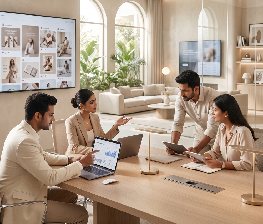 A side-angle shot of two business partners in professional attire shaking hands over a modern wooden table to celebrate a joint venture. In the foreground, a sleek tablet displays an interactive bar chart and financial growth metrics with sharp UI card elements, illustrating data-driven investing and operational synergy.