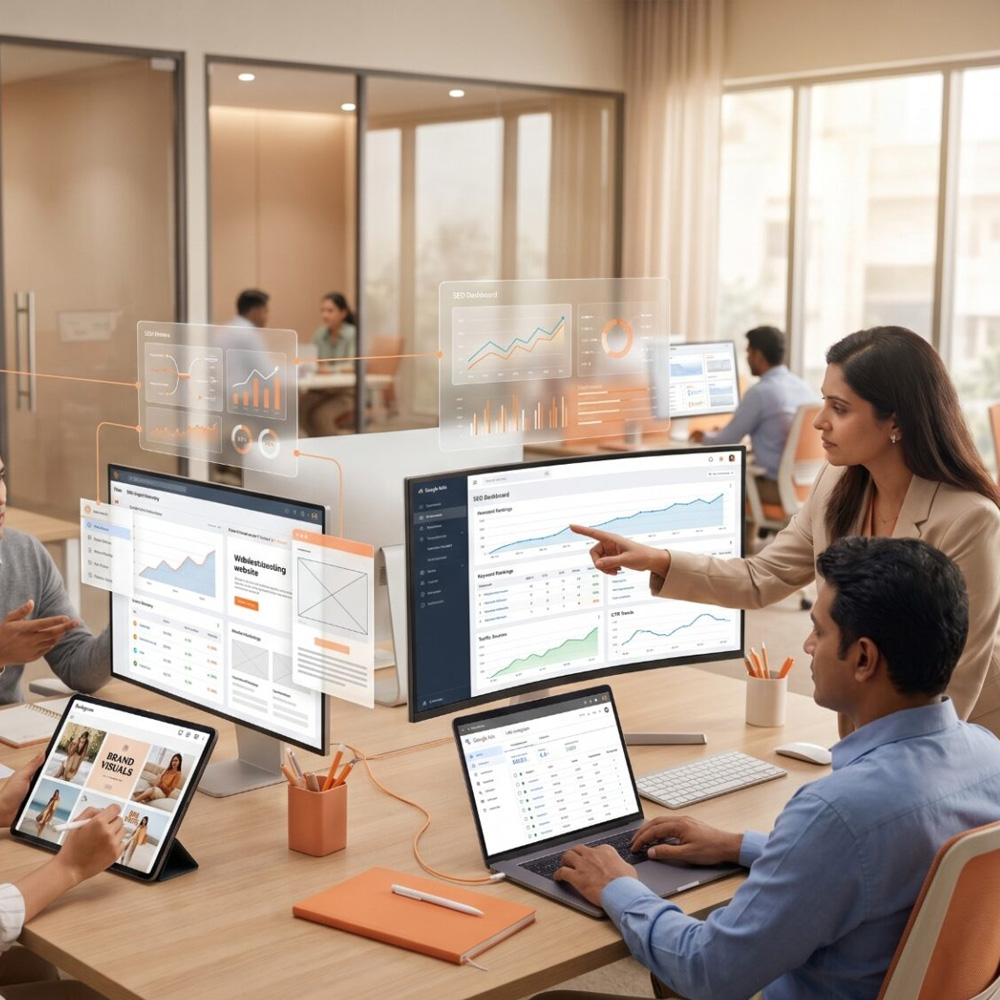 An active, collaborative workspace where a team of professionals analyzes performance metrics across multiple computer monitors, laptops, and tablets. A woman points to a rising analytics graph on a central screen, overlaid with futuristic, semi-transparent digital dashboards displaying website traffic, user metrics, and omnichannel growth data.