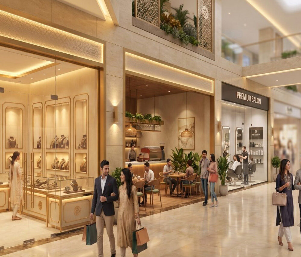 A vibrant, high-end shopping mall concourse showcasing upscale retail franchise formats. On the left is a luxury jewelry store with elegant gold trim and glass display cases; in the center is a modern boutique cafe with customers dining at tables; and on the right is a sleek, contemporary premium beauty salon. Couples and shoppers are seen walking through the bright, wide corridor, illustrating bustling retail activity.