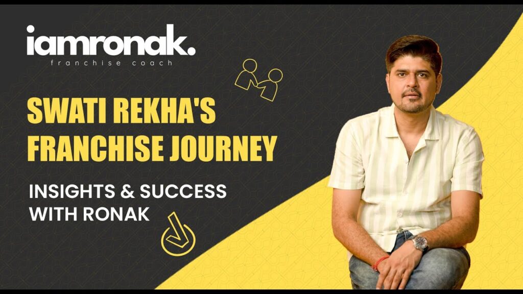 Interview thumbnail titled "Swati Rekha's Franchise Journey: Insights & Success with Ronak." The graphic features a photo of Franchise Coach Ronak Patel seated on the right, set against a diagonally split dark grey and yellow background. The top left corner displays the "iamronak" logo, along with small, stylized outline icons of a handshake and a downward-pointing arrow.