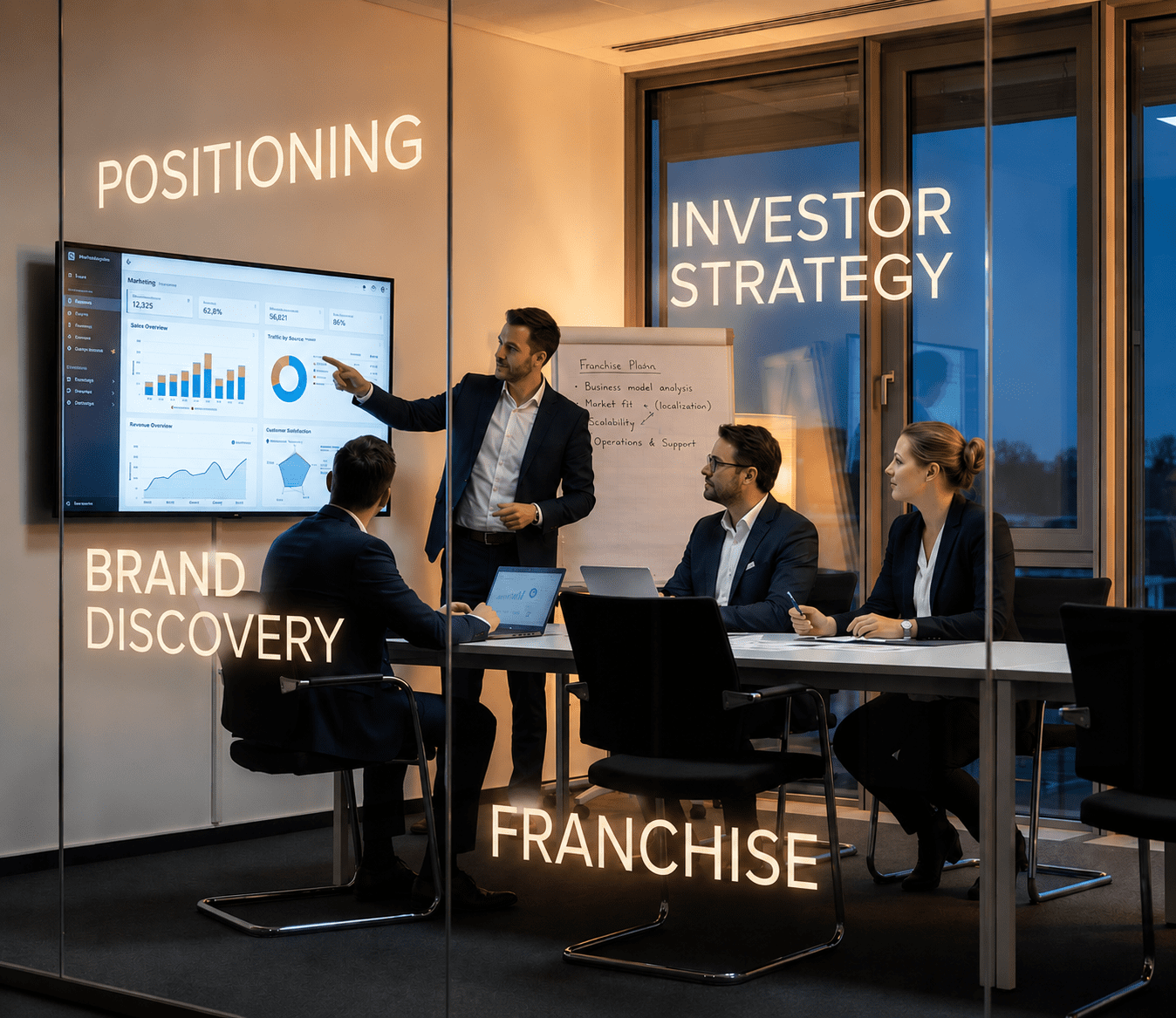 Corporate team discussing franchise growth strategy, investor planning, brand positioning, and business expansion in a modern boardroom.