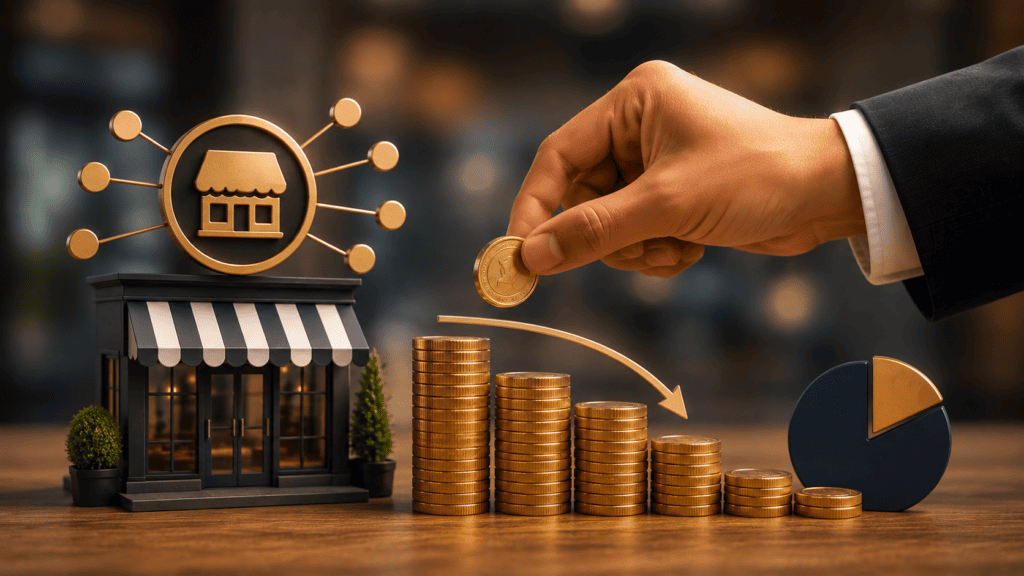 What is franchise royalty fee in India concept showing ongoing royalty payments, franchise business revenue sharing, brand support, storefront, coins, and financial growth.